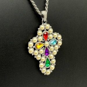 Vibrant Cross Long Statement Necklace faceted faux pearls bling